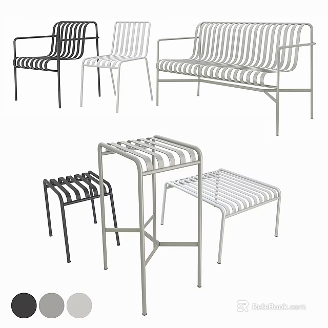 Modern Black And White Metal Outdoor Chairs With Slatted Design For Outdoor Spaces 3d model 