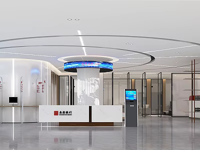 Modern Bank Lobby Interior Design With Reception Desk Digital Screens And Glass Partitions 3d model