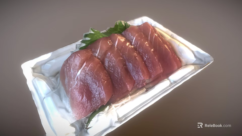 Fresh Raw Tuna Slices Arranged On White Tray With Green Garnish 3d model 