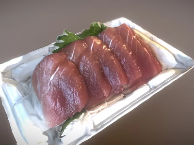 Fresh Raw Tuna Slices Arranged On White Tray With Green Garnish 3d model