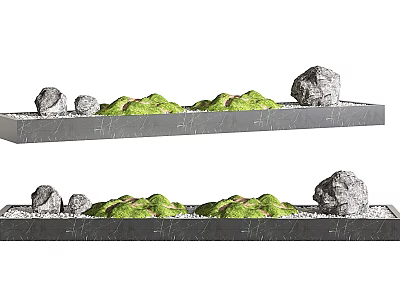 Decorative Garden Ornament with Rectangular Concrete Tray Lush Green Moss Natural Stones and White Pebbles 3d model