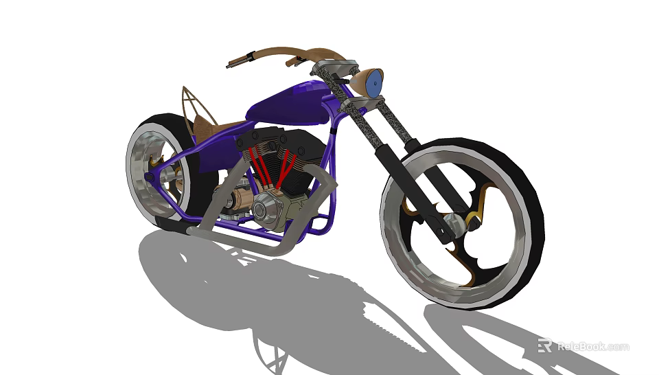 Purple Custom Motorcycle With Large Wheels Vintage Handlebars And Leather Seat 3d model 