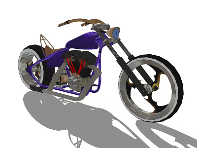 Purple Custom Motorcycle With Large Wheels Vintage Handlebars And Leather Seat 3d model