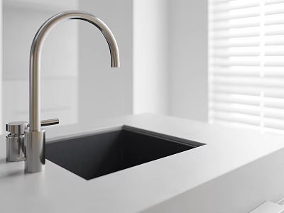 Stainless Steel Kitchen Faucet In Modern Design With Black Sink On White Countertop 3d model