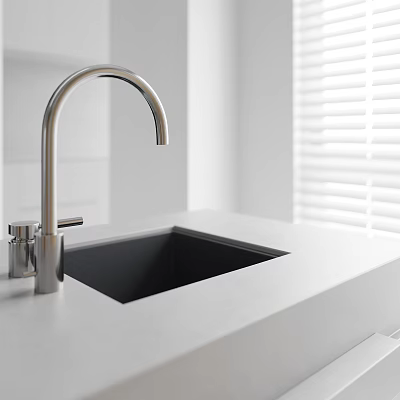 Stainless Steel Kitchen Faucet In Modern Design With Black Sink On White Countertop 3d model