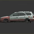 Red and White Station Wagon with Roof Rack Rain Droplets and Dirty Wheels