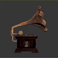 Classic Vintage Gramophone Featuring Copper Horn Carved Wooden Base And Black Turntable