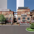 Vibrant Commercial Street With Modern Brick Buildings McDonald's Outdoor Seating Sunshades And Trees