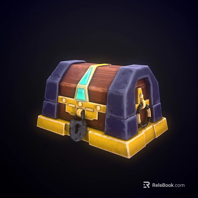 Ornate Wooden Treasure Chest With Blue Edges Golden Base And Decorative Lock 3d model 