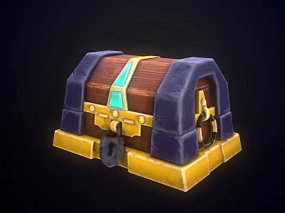 Ornate Wooden Treasure Chest With Blue Edges Golden Base And Decorative Lock 3d model