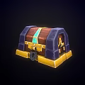 Ornate Wooden Treasure Chest With Blue Edges Golden Base And Decorative Lock