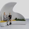 Curved White Public Chair With Yellow Seats And Green Plants For People
