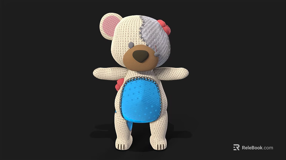 Cute Handmade Stuffed Teddy Bear Doll With Pink Ears Blue Belly And Red Bow 3d model 
