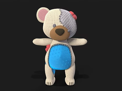 Cute Handmade Stuffed Teddy Bear Doll With Pink Ears Blue Belly And Red Bow 3d model