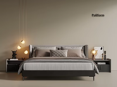Modern Minimalist Double Bed With Beige Walls Nightstands Table Lamps Pillows And Bedspread 3d model