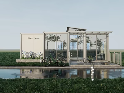 Modern King House Guesthouse With Glass Walls White Exterior Green Lawn Bicycle And Water Reflection 3d model