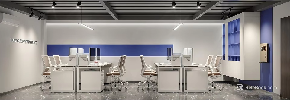 Public Office Space Interior With White Desks Ergonomic Chairs Computer Monitors And Blue Wall Design 3d model 