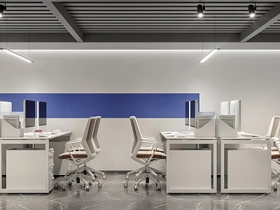 Public Office Space Interior With White Desks Ergonomic Chairs Computer Monitors And Blue Wall Design 3d model