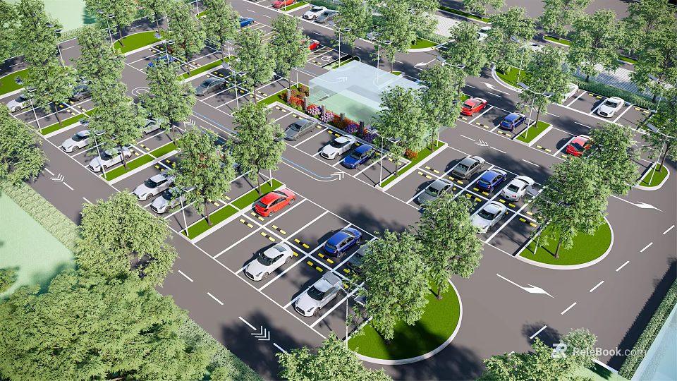 Well Designed Parking Lot With Various Vehicles Green Trees And Small Building 3d model 