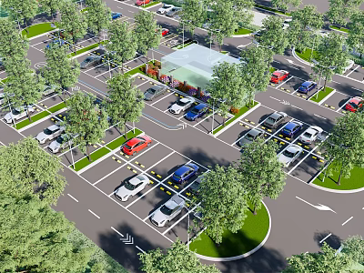 Well Designed Parking Lot With Various Vehicles Green Trees And Small Building 3d model