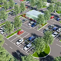 Well Designed Parking Lot With Various Vehicles Green Trees And Small Building