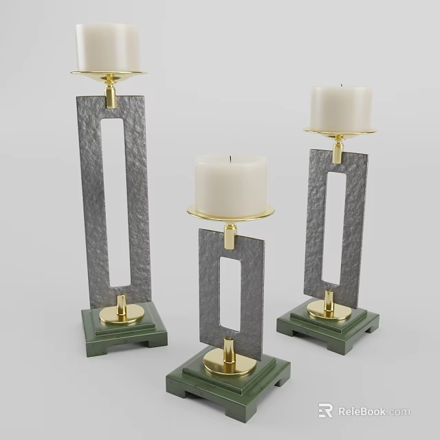 Elegant Modern Candle Holders With Gray Frames Gold Accents And Green Bases Holding White Candles 3d model 