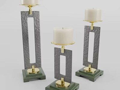 Elegant Modern Candle Holders With Gray Frames Gold Accents And Green Bases Holding White Candles 3d model