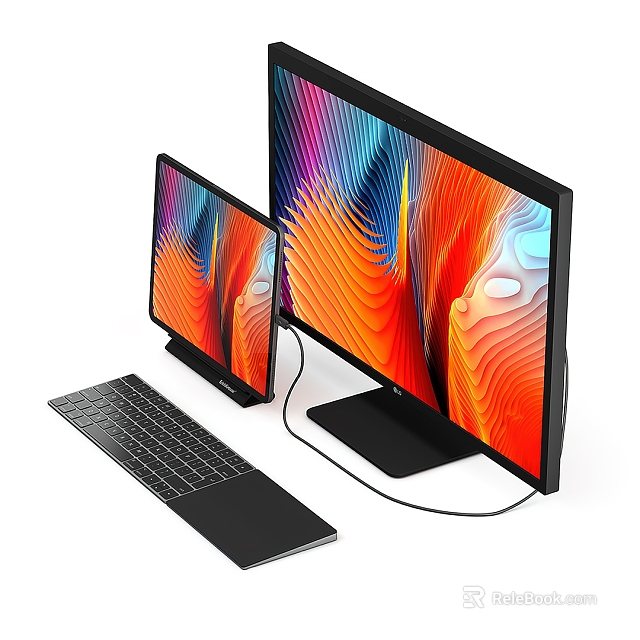 Modern Dual Computer Monitors With Colorful Wavy Display And Sleek Keyboard Setup 3d model 