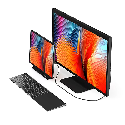 Modern Dual Computer Monitors With Colorful Wavy Display And Sleek Keyboard Setup 3d model