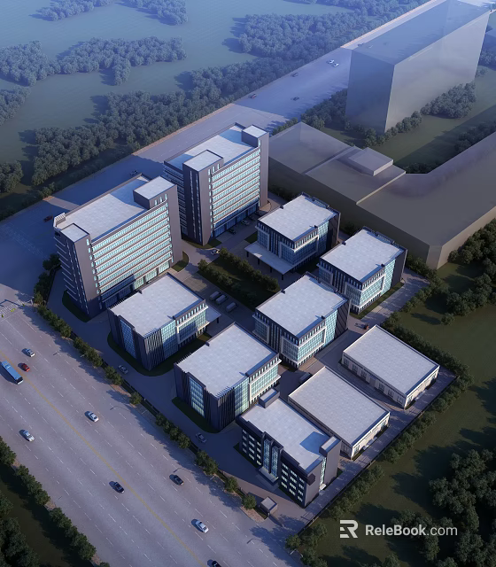Modern Industrial Factory Complex With Multiple Buildings Flat Roofs And Surrounding Greenery 3d model