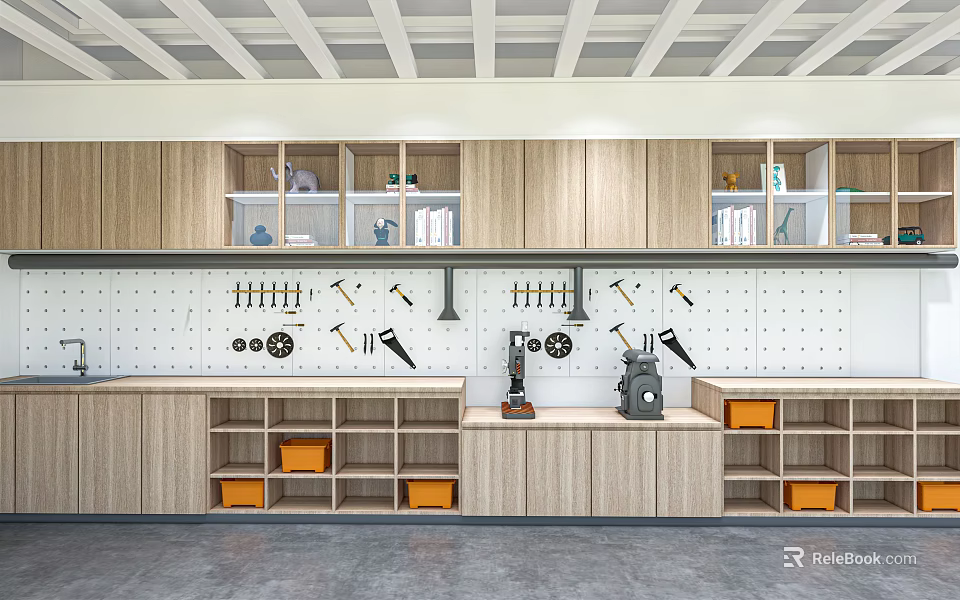 Hardware Tools Display in Organized Workshop with Wooden Cabinets Pegboard Wall and Orange Bins 3d model 