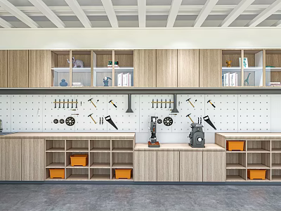 Hardware Tools Display in Organized Workshop with Wooden Cabinets Pegboard Wall and Orange Bins 3d model
