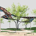 Outdoor Pergola With Colorful Geometric Glass Roof And Green Grass Trees Under Blue Sky