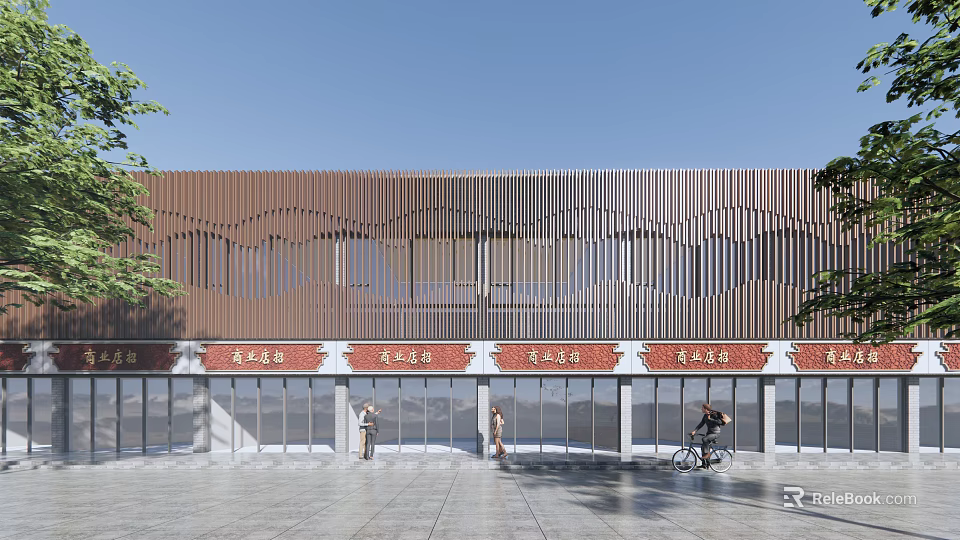 Modern Commercial Street With Brown Slat Facades Storefronts Pedestrians And Glass Windows 3d model 