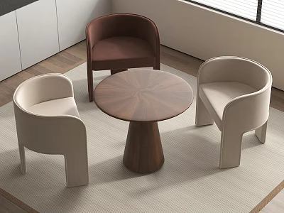 Modern Minimalist Interior Round Wooden Table With Light And Dark Colored Chairs Set 3d model