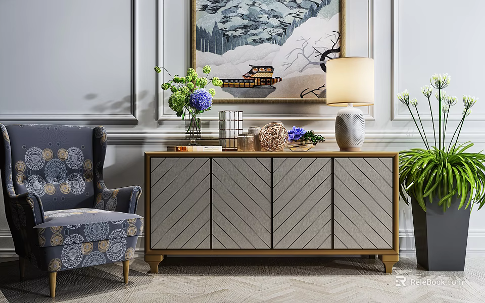 Stylish Entryway Console Table with Chevron Pattern and Decorative Vase Lamp Plant 3d model 