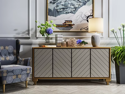 Stylish Entryway Console Table with Chevron Pattern and Decorative Vase Lamp Plant 3d model