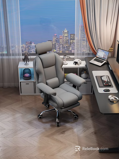 Modern Gray Office Desk and Chair Set With Laptop Keyboard Desk Lamp and City View 3d model 