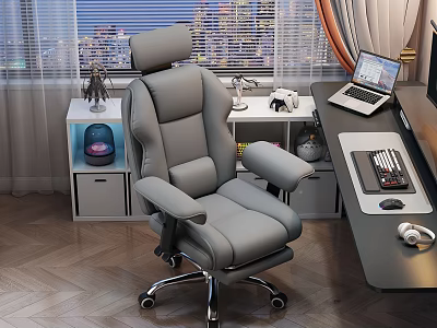 Modern Gray Office Desk and Chair Set With Laptop Keyboard Desk Lamp and City View 3d model