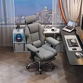 Modern Gray Office Desk and Chair Set With Laptop Keyboard Desk Lamp and City View