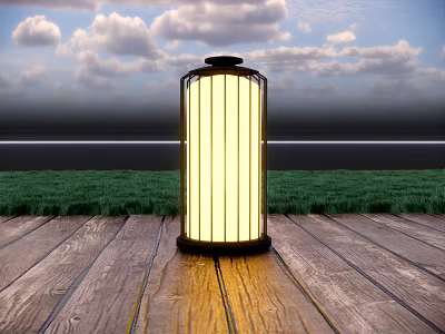 Outdoor Striped Design Lamp With Yellow Glowing Shade On Wooden Deck Under Blue Sky 3d model