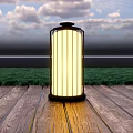 Outdoor Striped Design Lamp With Yellow Glowing Shade On Wooden Deck Under Blue Sky