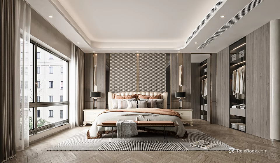Modern Bedroom Interior With King Bed Tufted Headboard Large Windows And Walk In Closet 3d model 