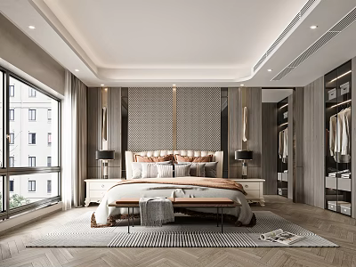 Modern Bedroom Interior With King Bed Tufted Headboard Large Windows And Walk In Closet 3d model