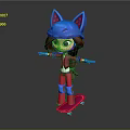 Cartoon Game Character Girl Wearing Blue Cat Ears Helmet And Pink Skateboard Outfit