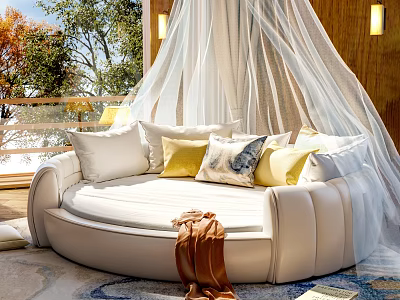 Round Bed With White Canopy Yellow And Patterned Pillows In Modern Bright Bedroom 3d model
