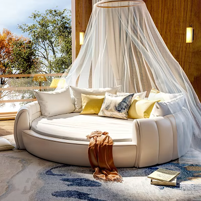 Round Bed With White Canopy Yellow And Patterned Pillows In Modern Bright Bedroom 3d model