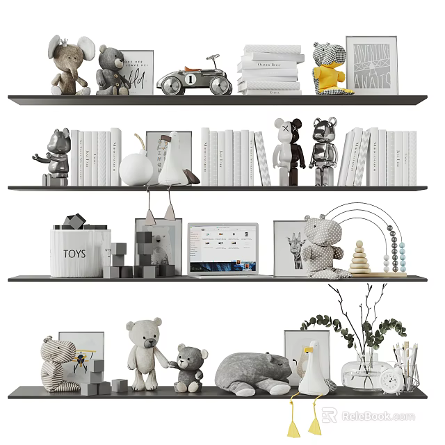 Modern Decorative Ornament Set With Teddy Bears Books Figurines And Plants On Shelf 3d model 