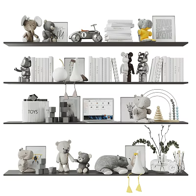 Modern Decorative Ornament Set With Teddy Bears Books Figurines And Plants On Shelf 3d model