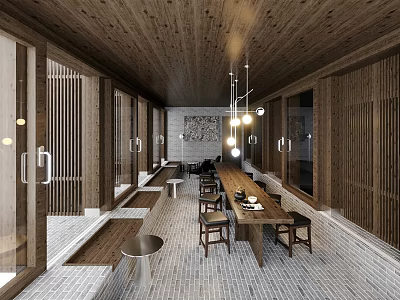 Modern Clubhouse Interior With Wooden Ceiling Dining Table And Lights 3d model